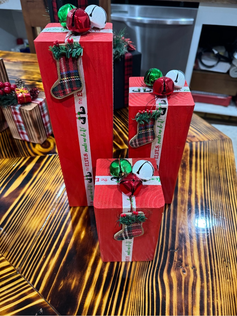 Festive Red Wooden Holiday Gift Blocks with Bells
